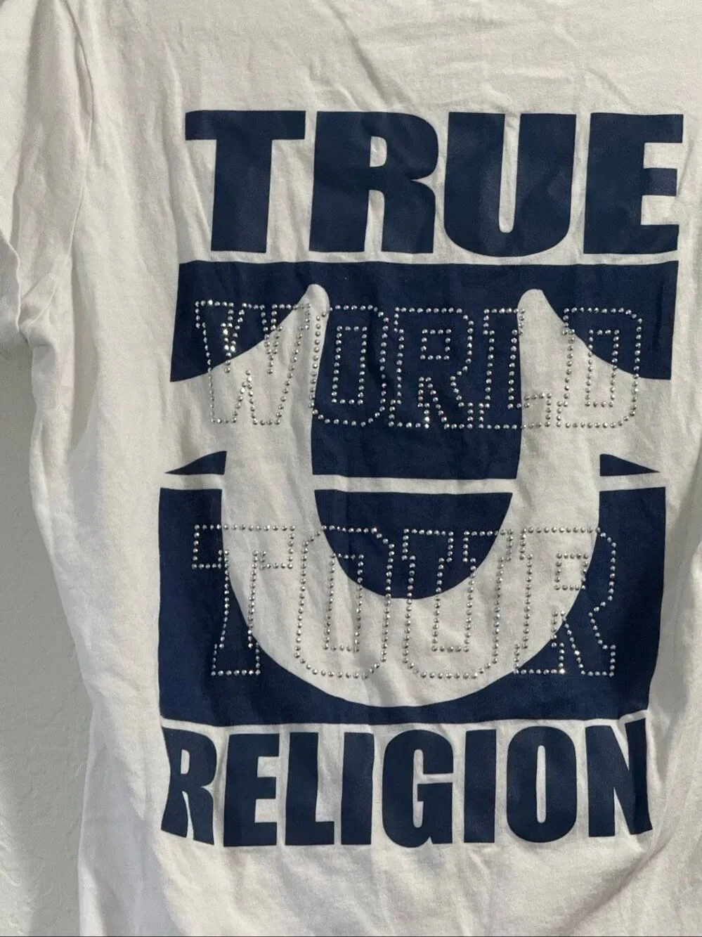 True Religion Women's Crystal Embellished Horseshoe Deep V-Neck Tee T-Shirt XL